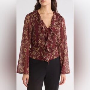 Floral Burgundy Ruffle Sparkly Long Sleeve Forest Fairy Flowy Fall Top  - Sz M